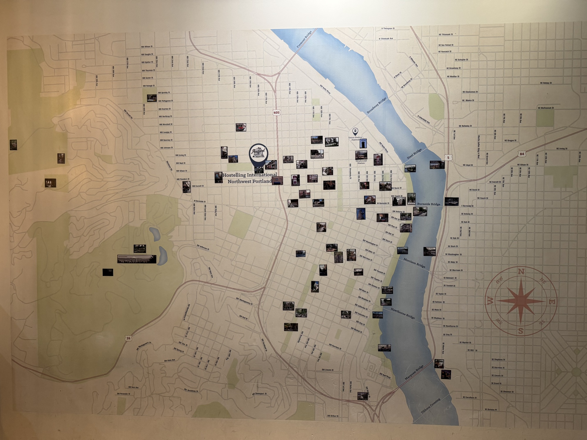 A large hostel wall map of Northwest Portland