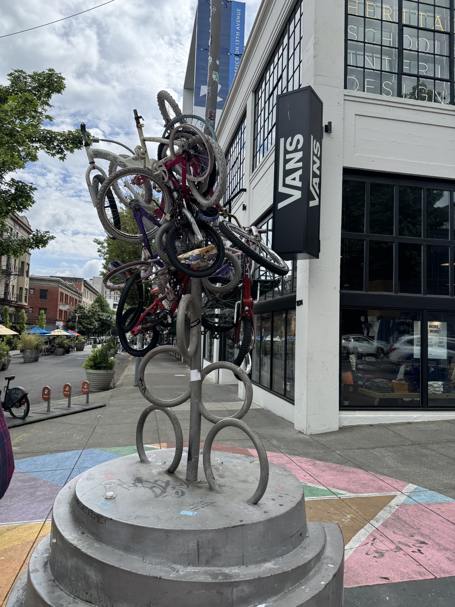 A pile of bicycles marking a Portland biking landmark